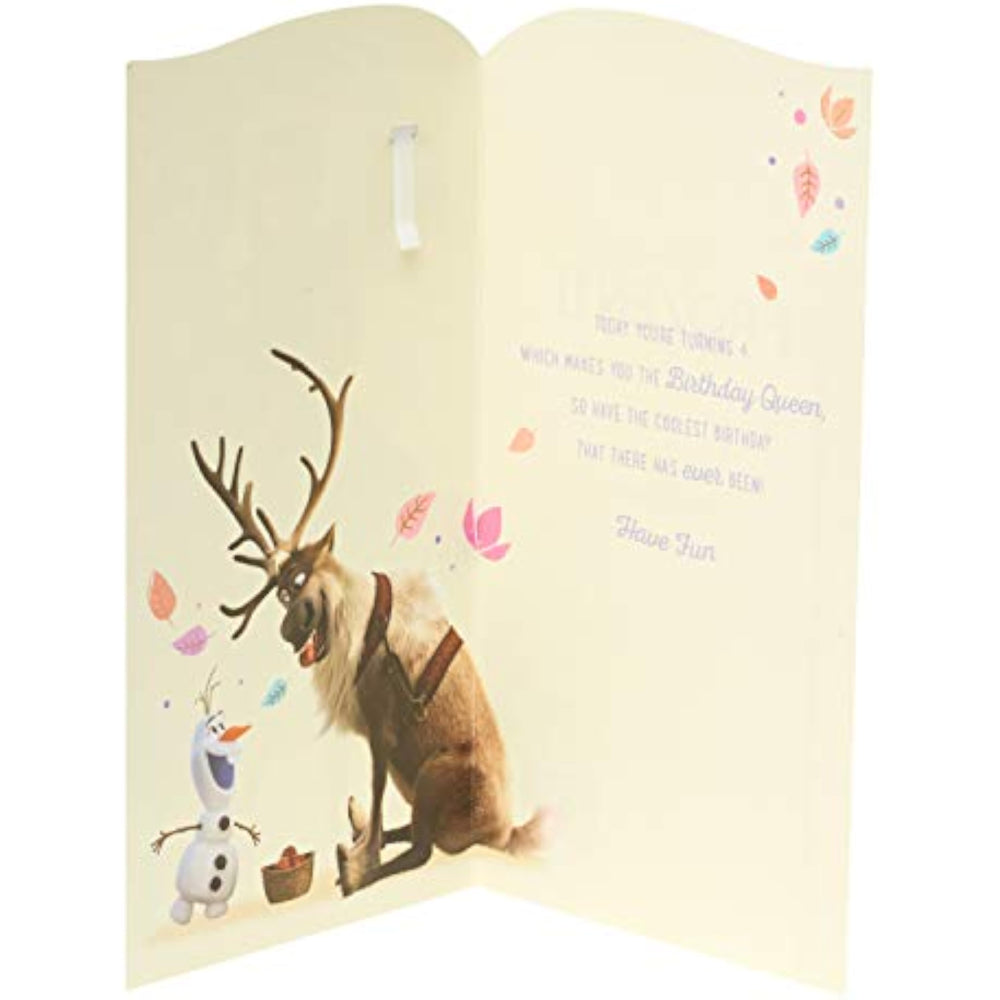 UK Greetings Disney Frozen Princess Anna and Elsa You're 4 birthday greeting card with colorful Frozen-themed design.
