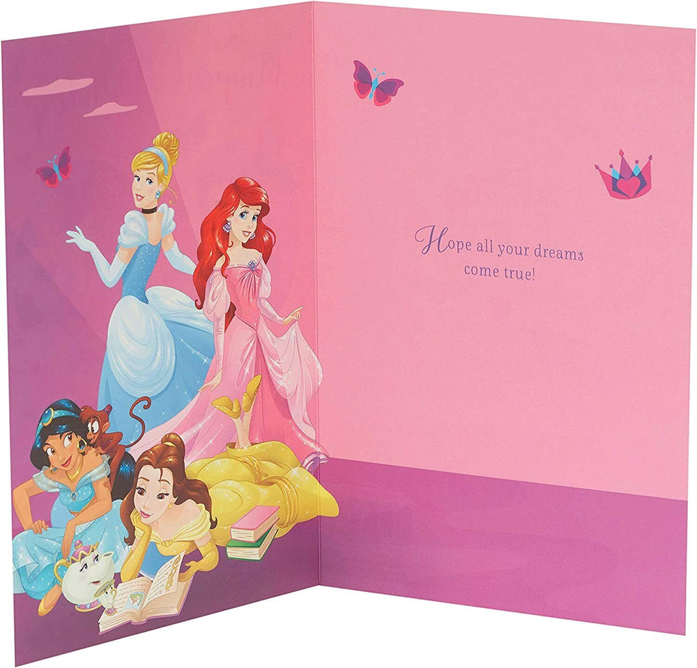 Disney Princess-themed greeting card by UK Greetings featuring colorful princess illustrations for a magical birthday celebration.