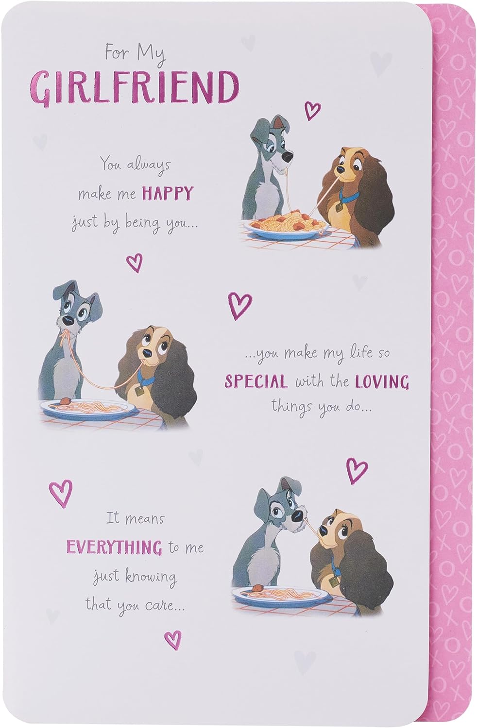 UK Greetings Disney Lady and the Tramp greeting card featuring romantic design, ideal for a girlfriend’s birthday celebration.