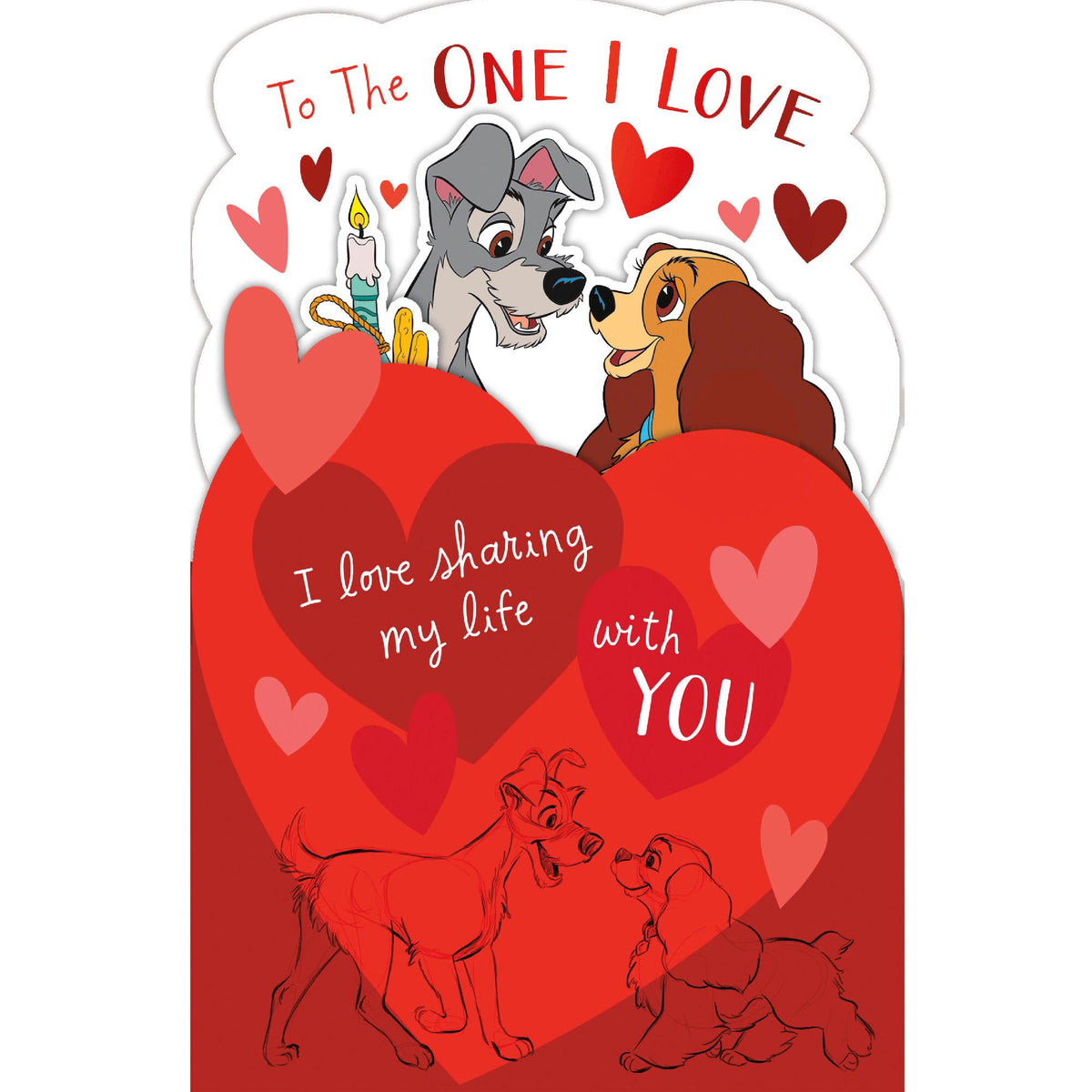 UK Greetings Disney Lady and the Tramp Valentine's Day greeting card featuring romantic illustration of Lady and Tramp.