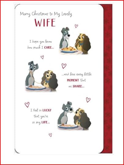 Disney Lady and the Tramp wife Christmas card by UK Greetings, featuring festive artwork of the beloved Disney characters.