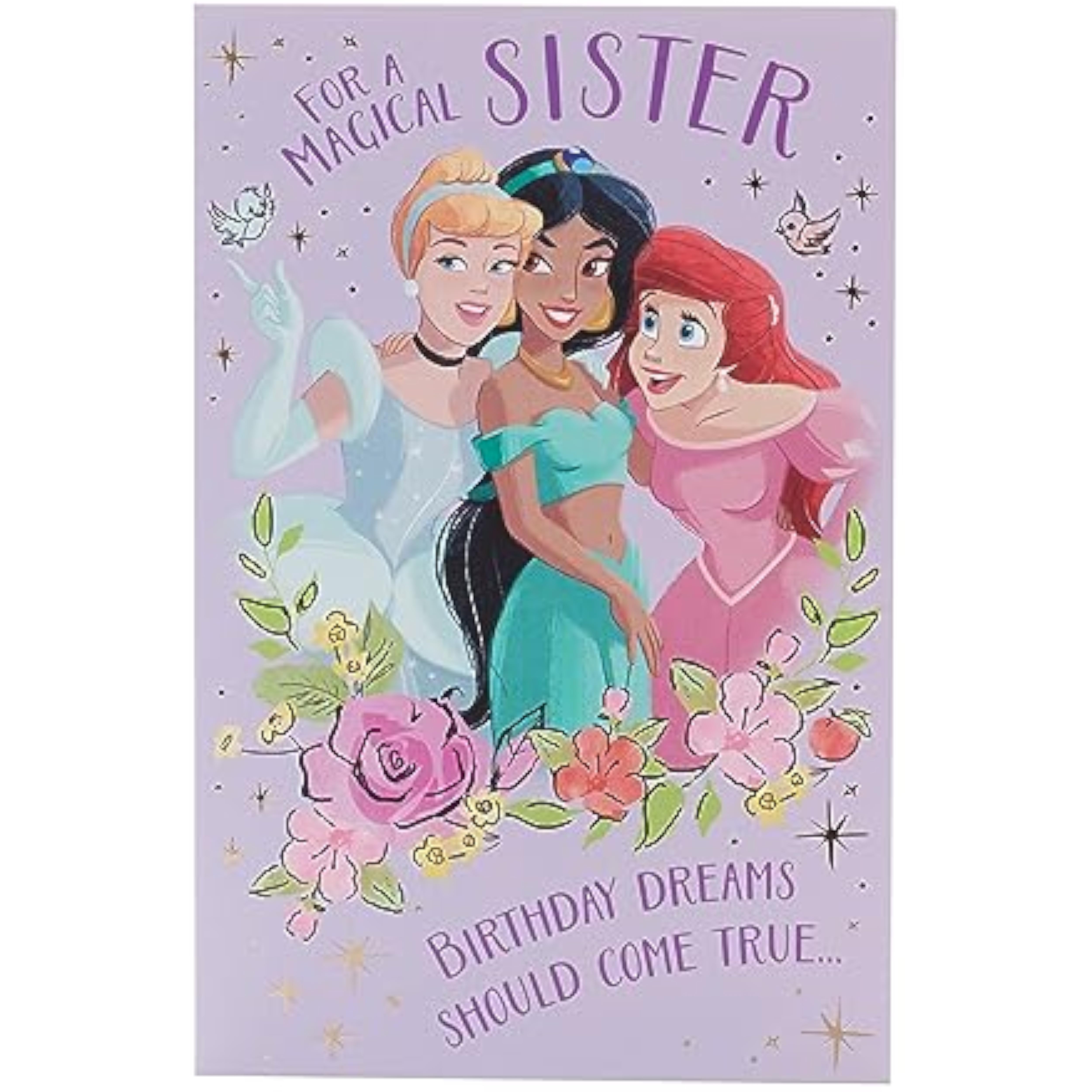 UK Greetings Disney Magical Princess Sister birthday greeting card showing colorful princess design and heartfelt message inside.