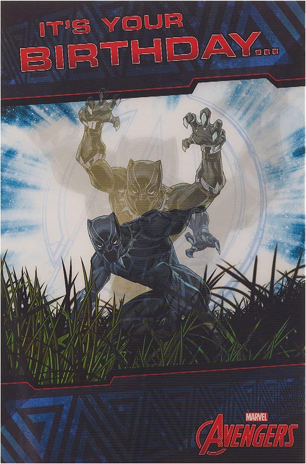 Disney Marvel Avengers 3D holographic birthday card by UK Greetings featuring colorful superhero characters and vibrant design.