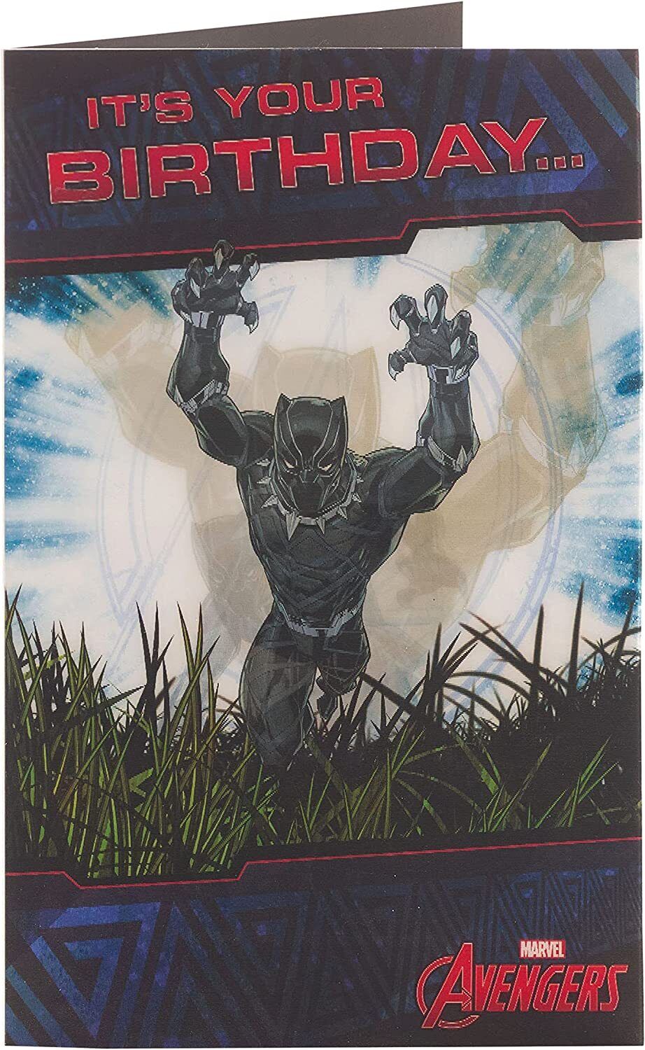 Disney Marvel Avengers 3D holographic birthday card by UK Greetings featuring superhero characters and vibrant holographic design.