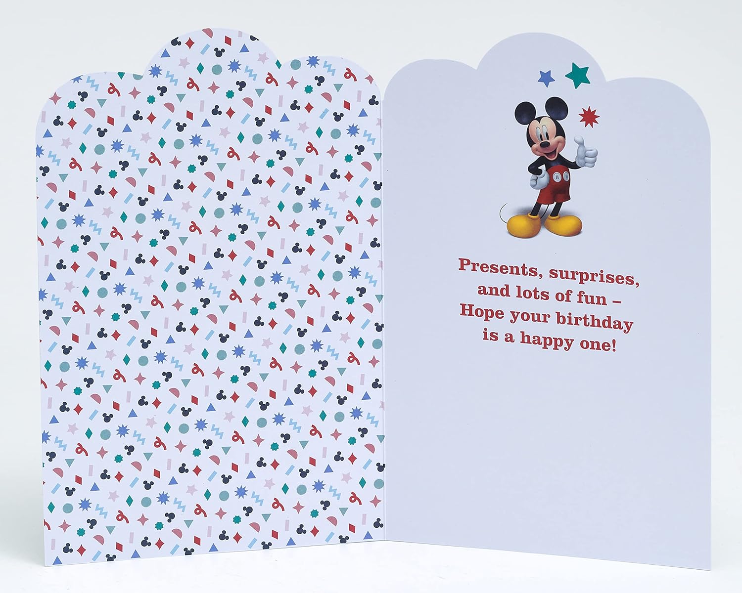 Disney Mickey Mouse 1st birthday greeting card by UK Greetings featuring Mickey Mouse with colorful birthday designs.