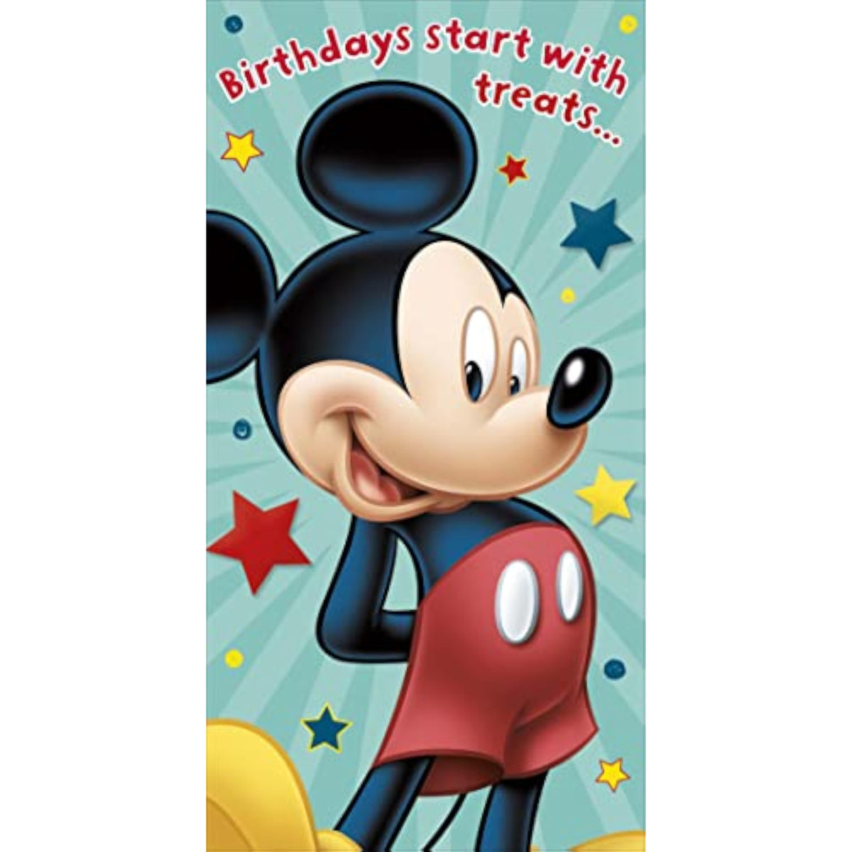 Disney Mickey Mouse birthday money wallet greeting card by UK Greetings showing Mickey Mouse with treats and festive design.