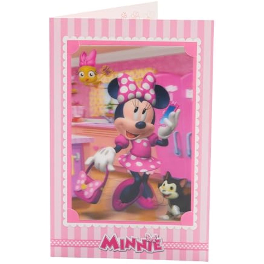 UK Greetings Disney Minnie Mouse 3D keepsake birthday card featuring Minnie Mouse with colorful illustrations for girls' birthday.