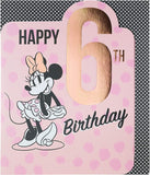 Disney Minnie Mouse 6th birthday greeting card by UK Greetings featuring Minnie Mouse and festive colorful designs.