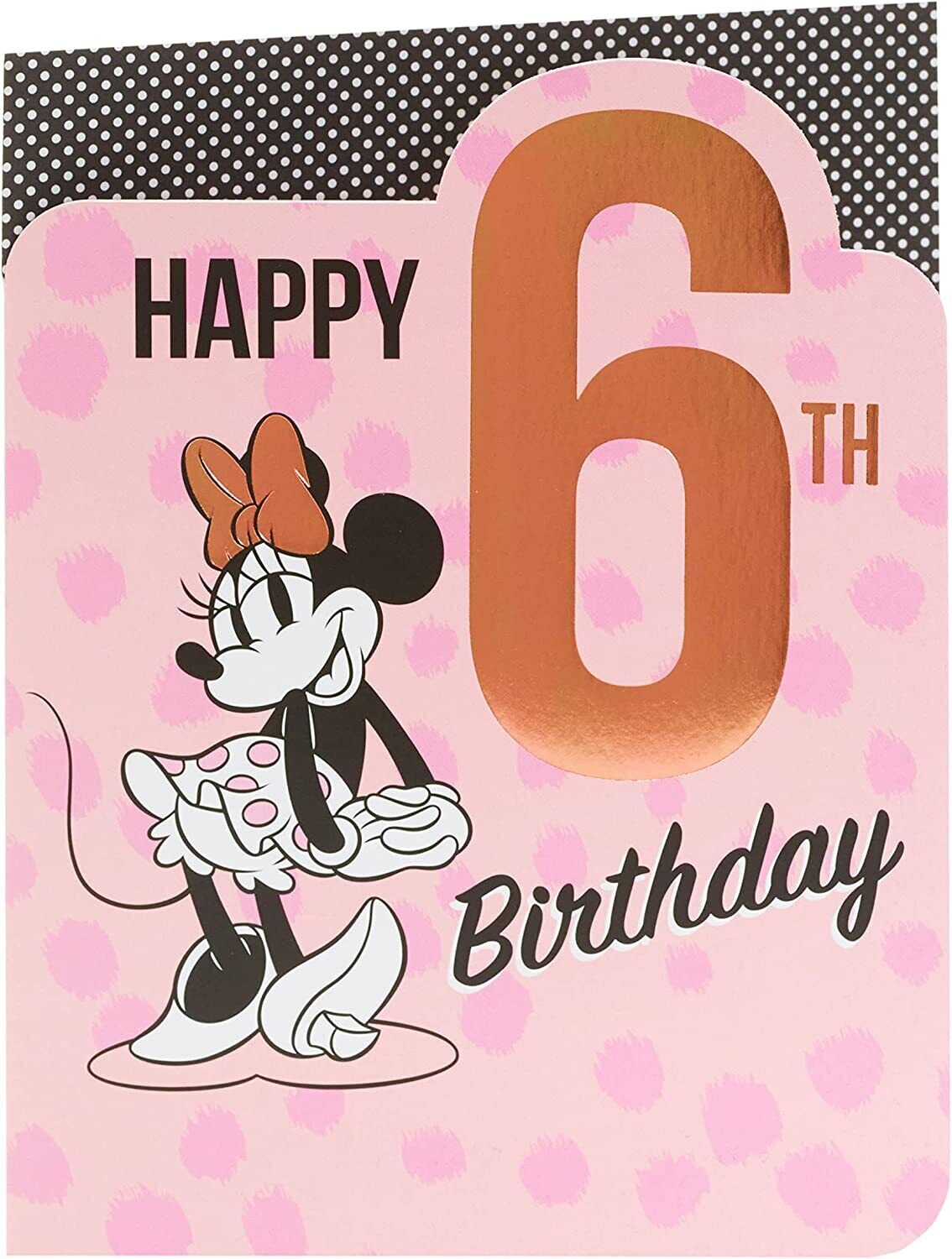 Disney Minnie Mouse 6th birthday greeting card by UK Greetings featuring Minnie Mouse with colorful birthday design and festive elements.