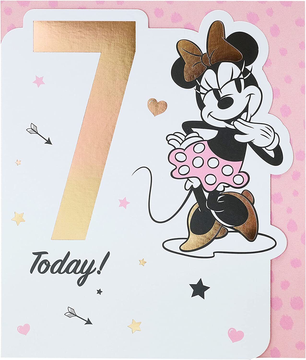 UK Greetings Disney Minnie Mouse birthday greeting card for age 7, featuring colorful Minnie Mouse illustration on the front.