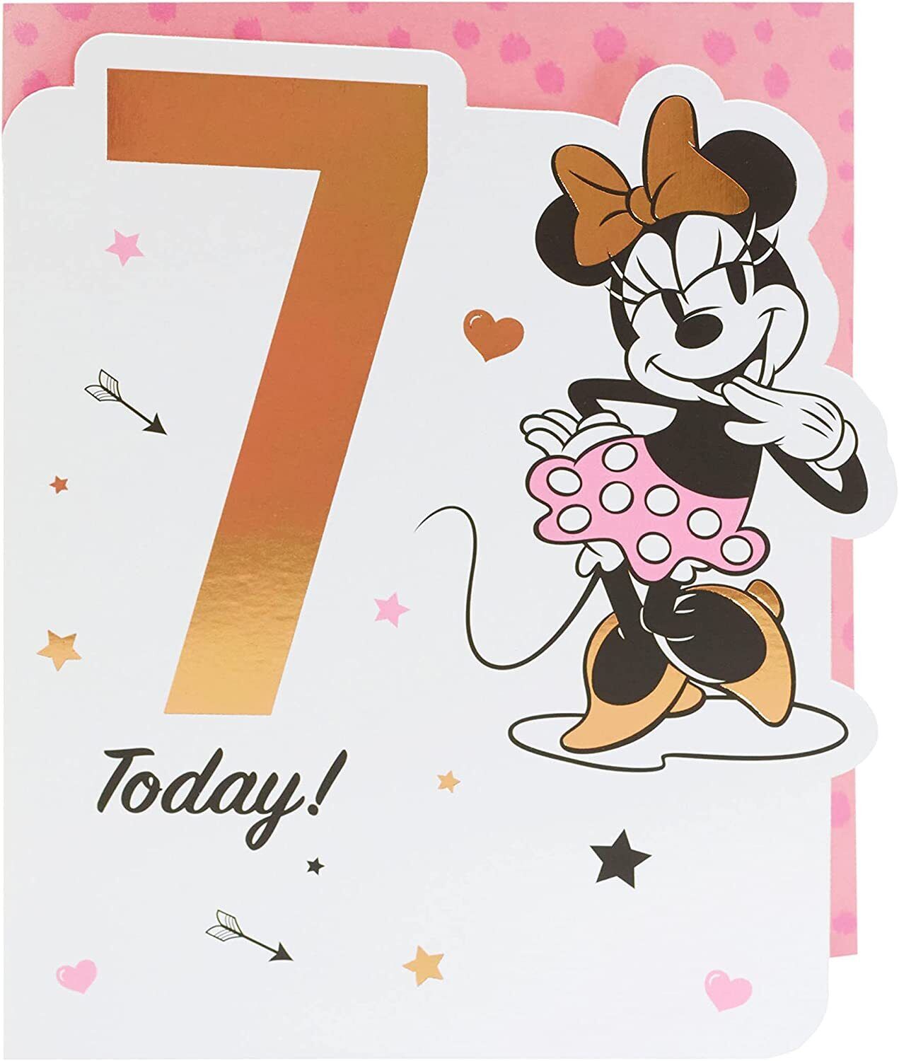 UK Greetings Disney Minnie Mouse birthday greeting card for age 7, featuring colorful Minnie Mouse design on the front.