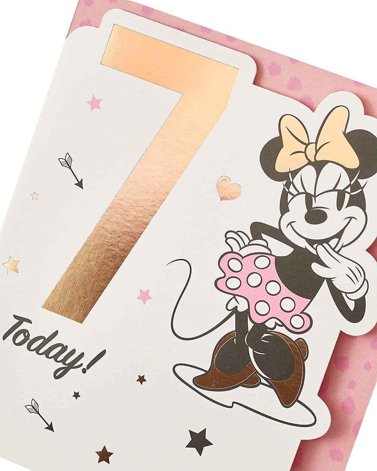 Disney Minnie Mouse birthday greeting card for age 7 by UK Greetings featuring colorful Minnie illustration and festive design.