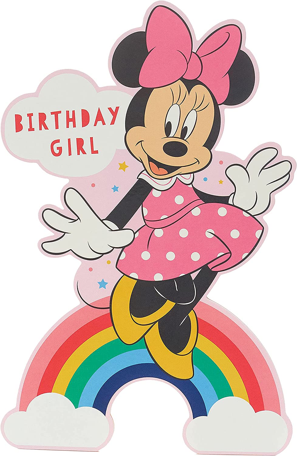 UK Greetings Disney Minnie Mouse birthday card featuring Minnie Mouse illustration on colorful greeting card background.
