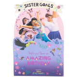 Disney Encanto pop-up birthday card featuring Mirabel, Isabela, and Luisa with colorful characters from UK Greetings.