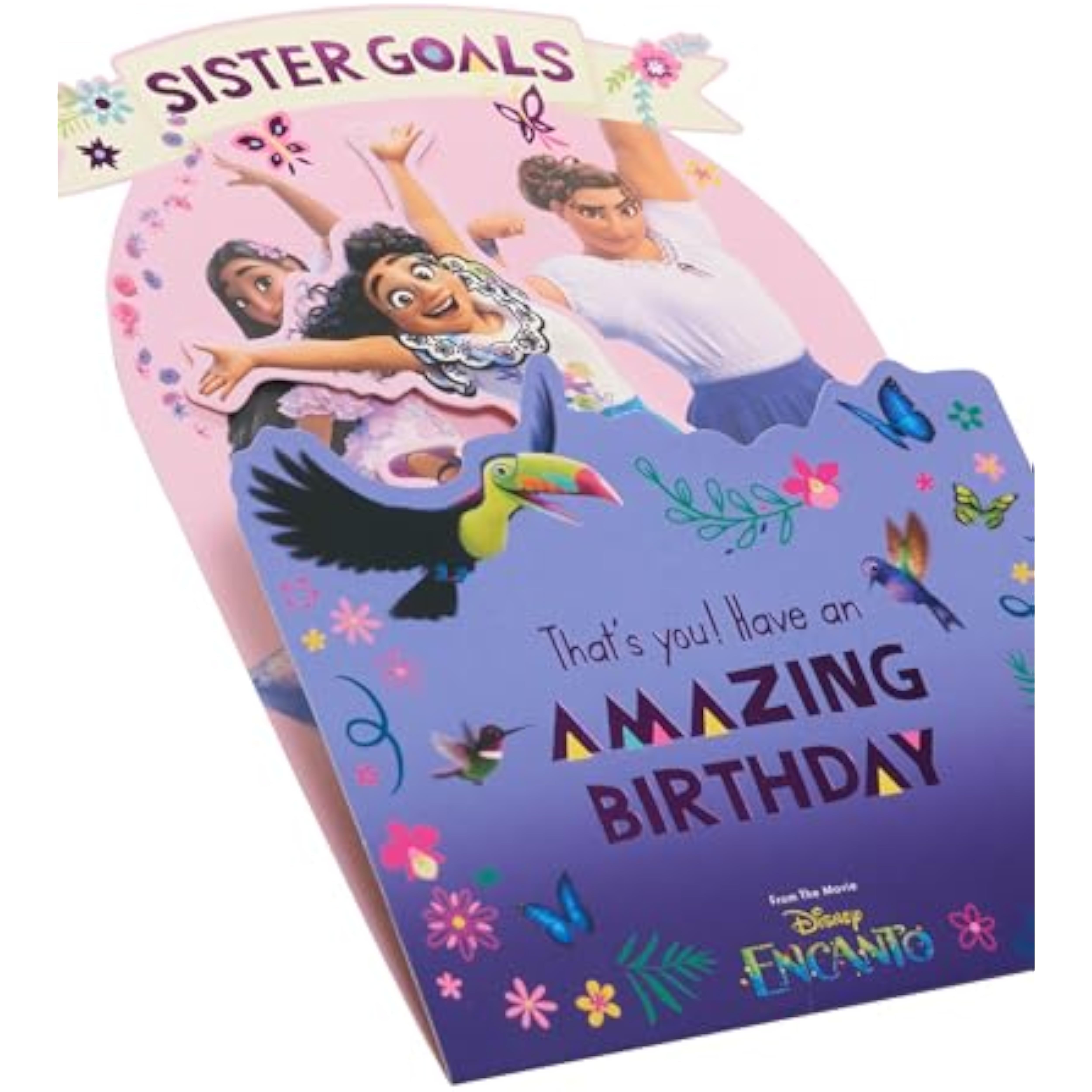 UK Greetings Disney pop-up birthday card featuring Mirabel, Isabela, and Luisa from Encanto with colorful, detailed characters inside.