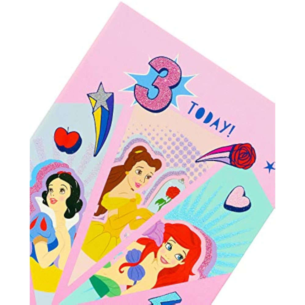UK Greetings Disney Princess birthday card for age 3 featuring Snow White, Belle, and Ariel with colorful princess illustrations.