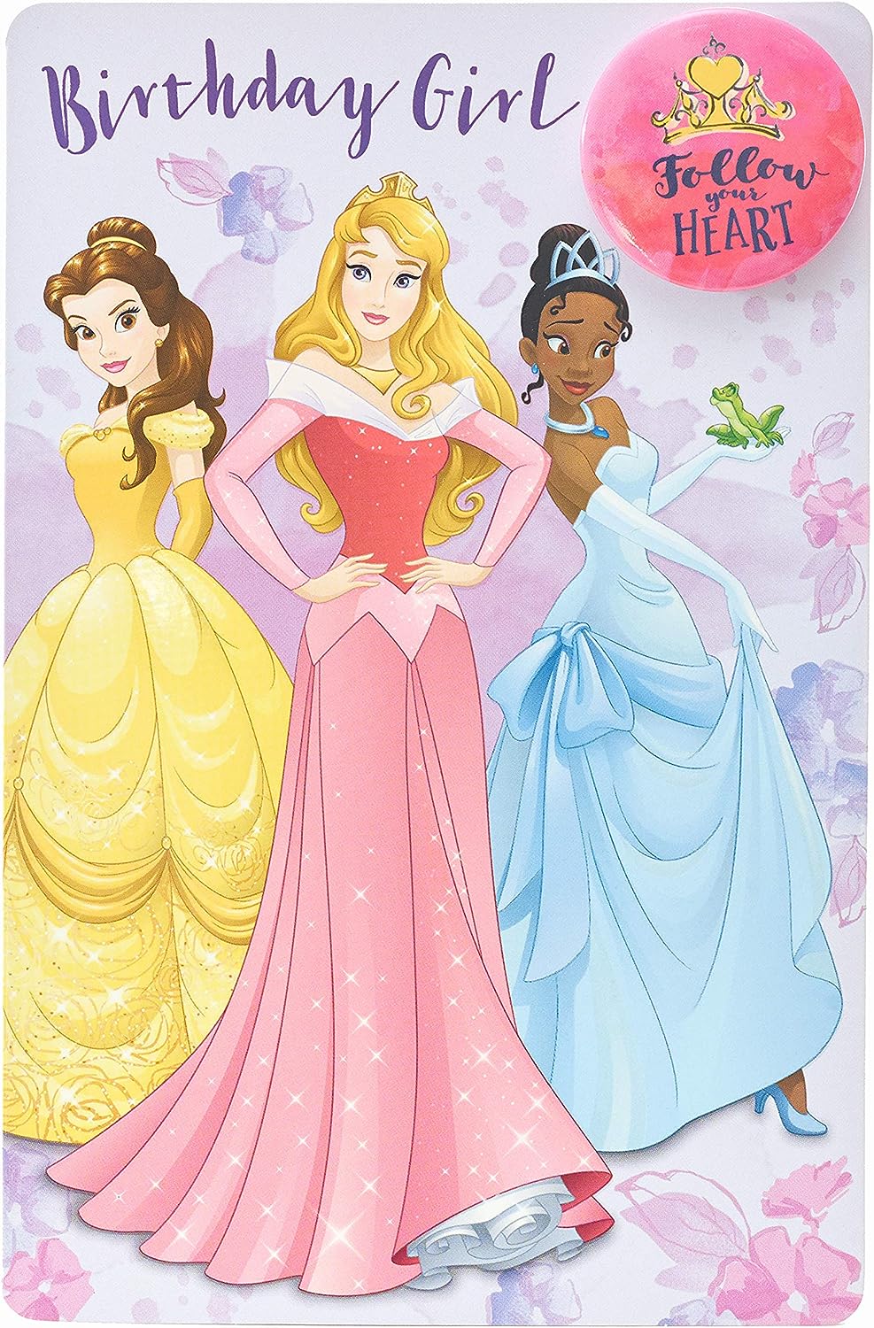 Disney Princess birthday card by UK Greetings featuring Belle, Aurora, and Tiana with colorful princess illustrations.