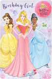 Disney Princess birthday card by UK Greetings featuring Belle, Aurora, and Tiana with colorful princess illustrations.