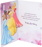 Disney Princess birthday greeting card by UK Greetings featuring Belle, Aurora, and Tiana with colorful princess illustrations.