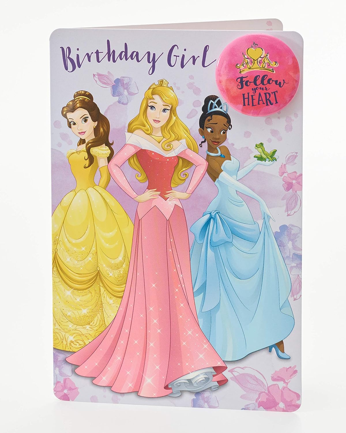 UK Greetings Disney Princess birthday card featuring Belle, Aurora, and Tiana with colorful fairy-tale illustrations.