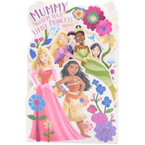 UK Greetings Disney Princess birthday card for Mummy with pop-up floral design, featuring vibrant Disney princess characters and decorative flowers.