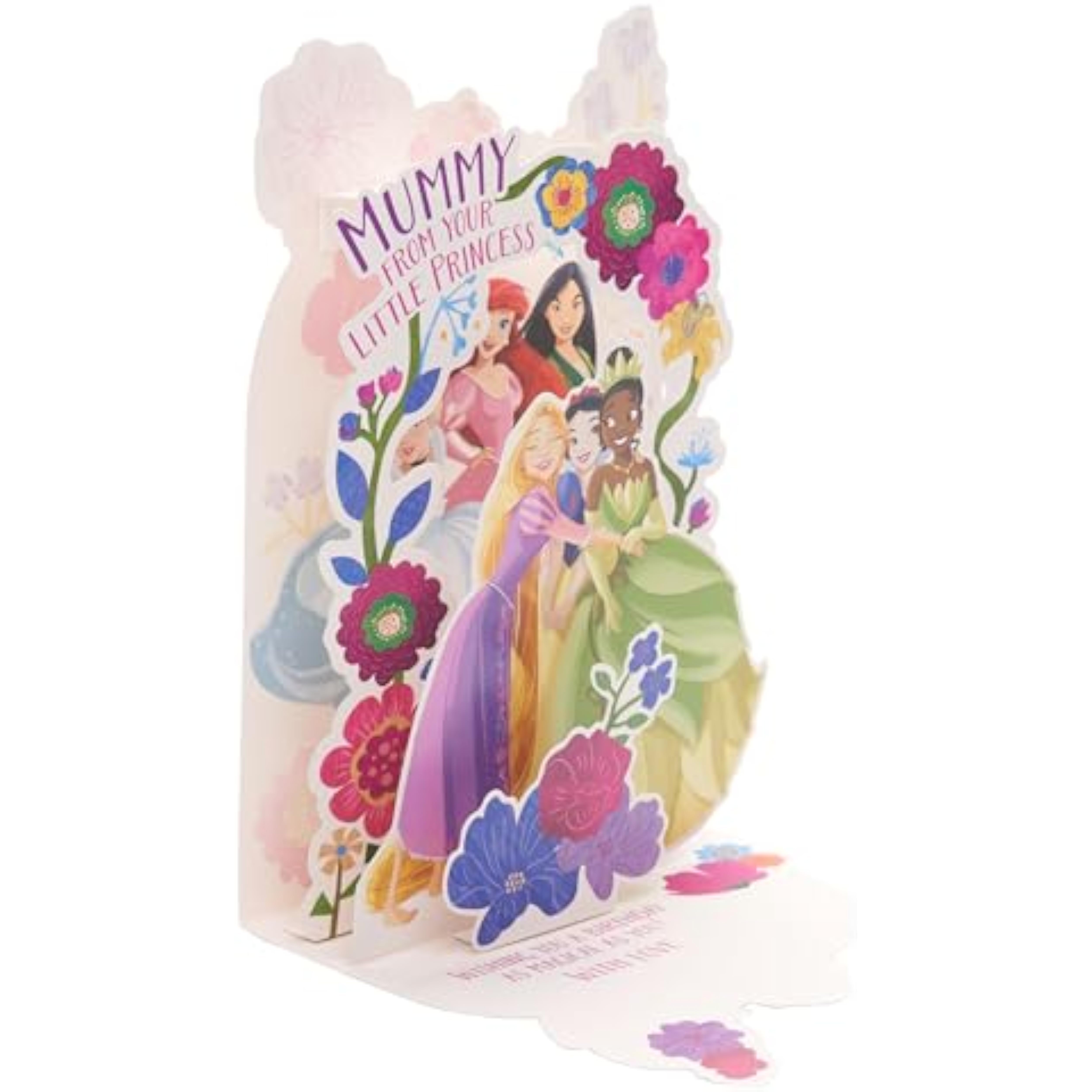Disney Princess birthday greeting card for Mummy by UK Greetings, featuring a colorful pop-up floral design.