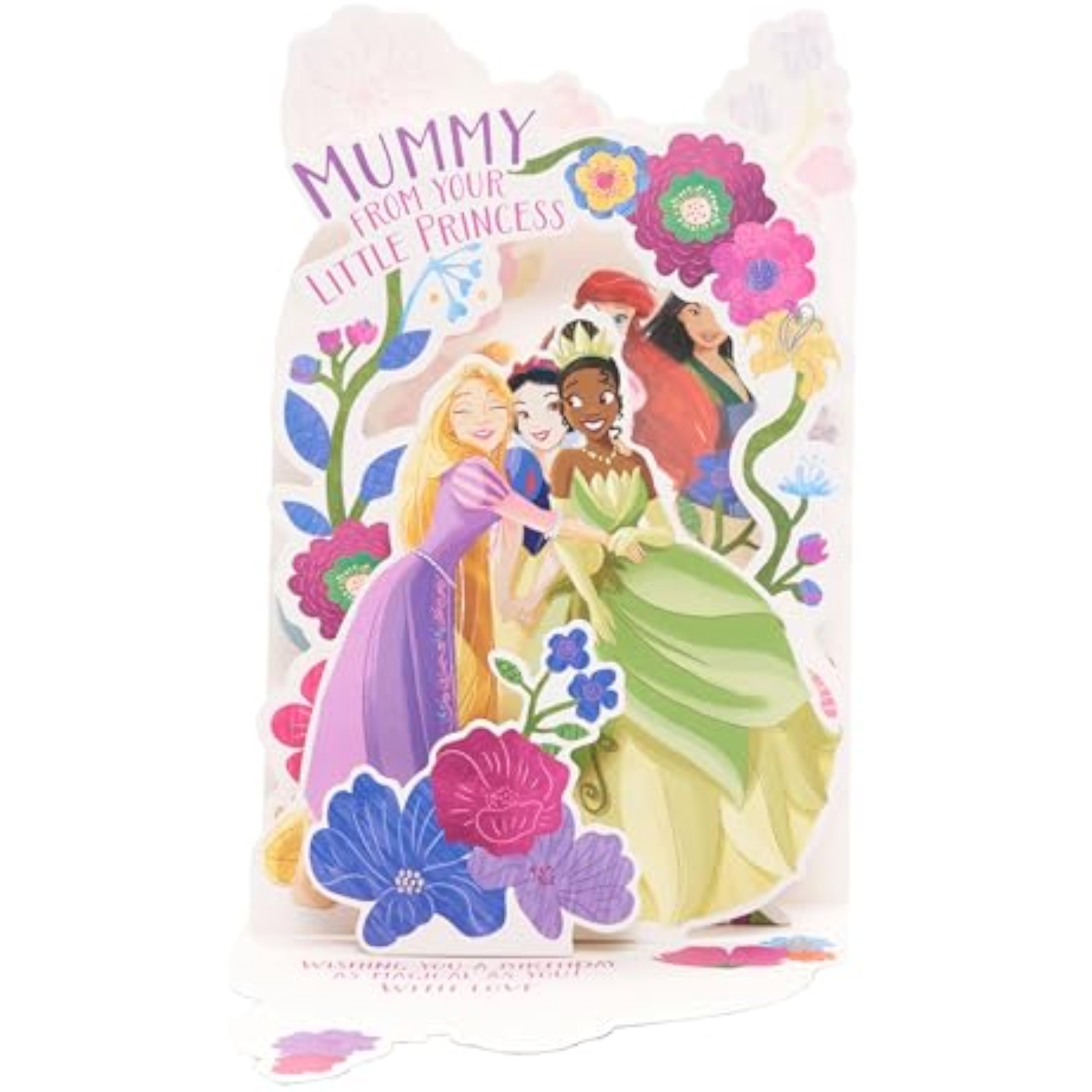UK Greetings Disney Princess birthday card for Mummy with pop-up floral design, featuring vibrant Disney princess illustrations.