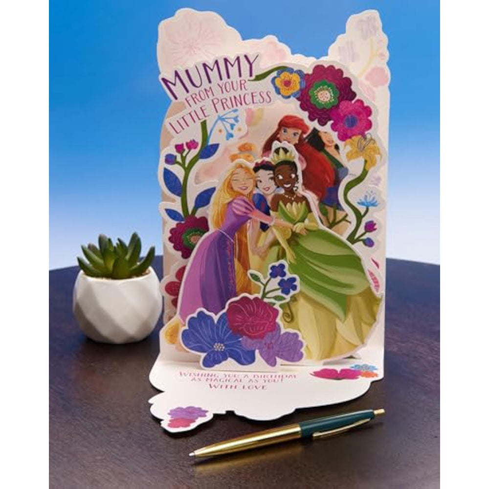Disney Princess birthday greeting card for Mummy by UK Greetings featuring a colorful pop-up floral design.