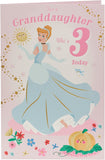 UK Greetings Disney Princess Cinderella 3rd birthday greeting card with vibrant princess illustration for young children.