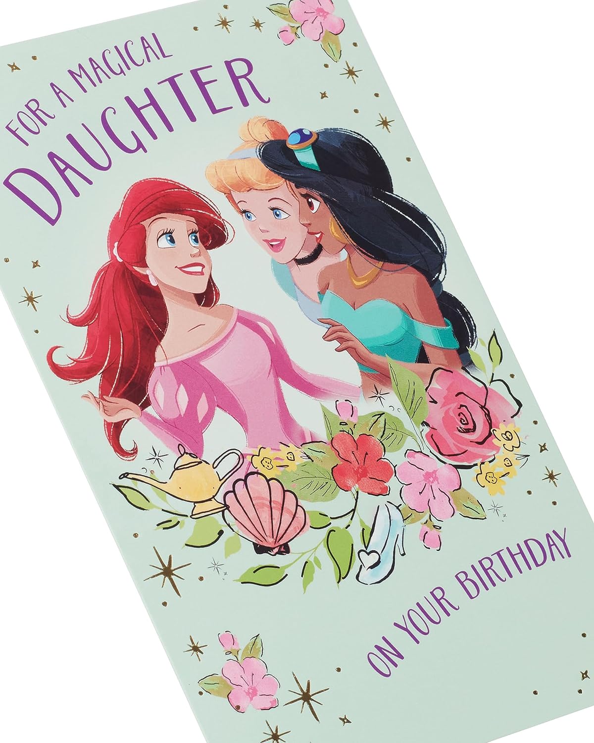 UK Greetings Disney Princess birthday card for daughters, featuring colorful princess characters and festive design.