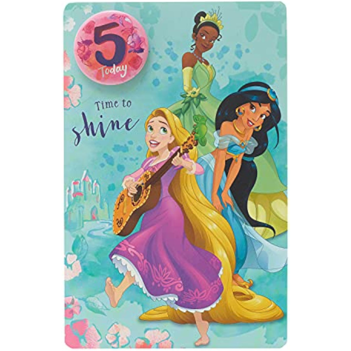Disney Princess girls 5th birthday greeting card with badge by UK Greetings, featuring colorful princess illustrations on the front.