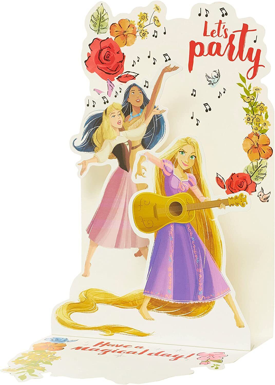 Disney Princess pop-up birthday greeting card by UK Greetings, featuring colorful princess imagery and festive design elements.