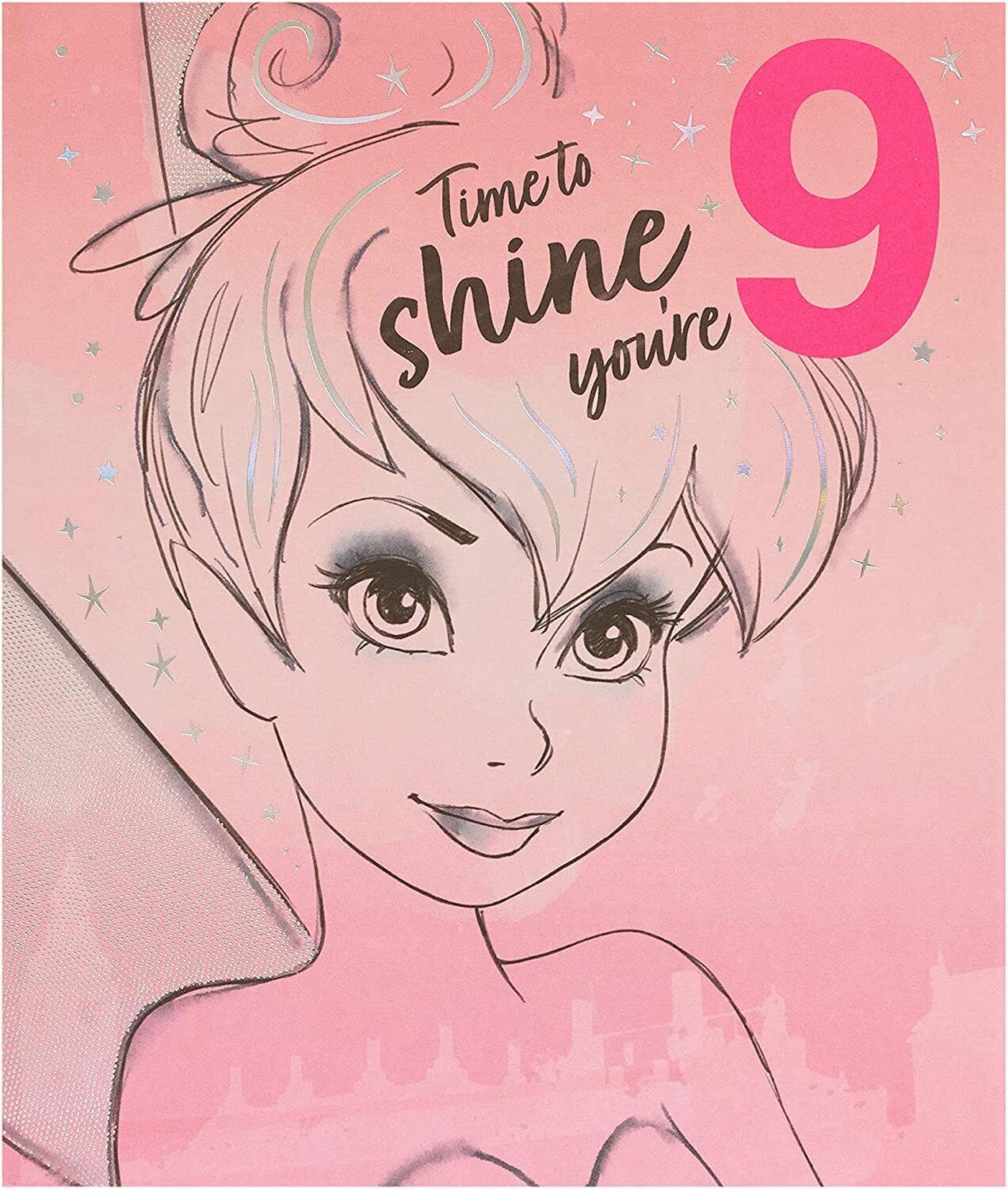 UK Greetings Disney Princess Tinker Bell birthday greeting card for age 9 featuring colorful Tinker Bell illustration.