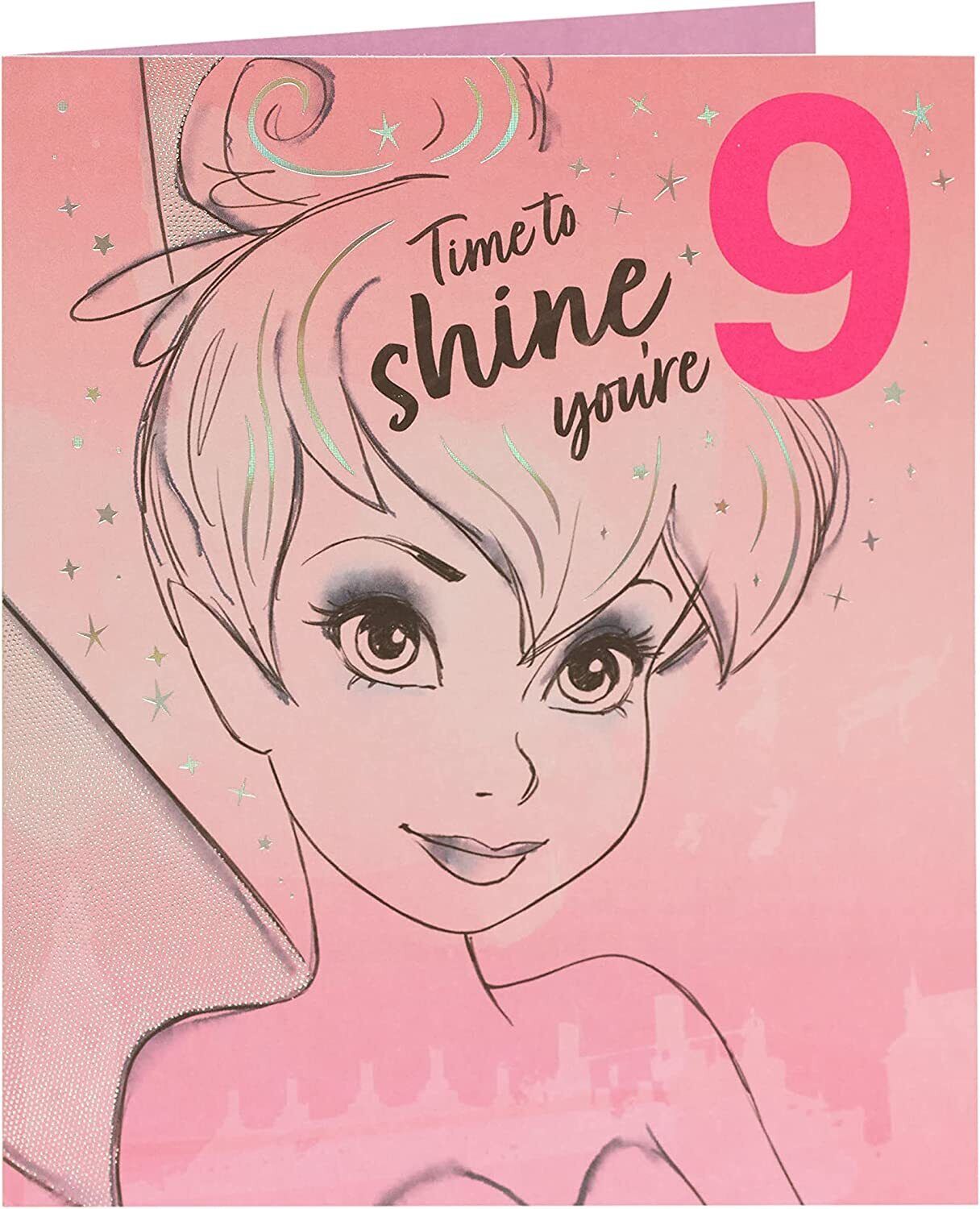 UK Greetings Disney Princess Tinker Bell birthday card for age 9, featuring colorful Tinker Bell illustration and birthday greeting.