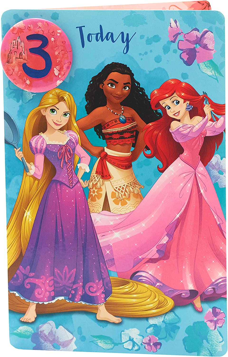 Disney Princesses 3rd Birthday greeting card with badge by UK Greetings, featuring colorful princess illustrations and festive design.