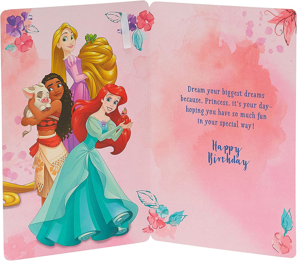 Disney Princesses 3rd birthday greeting card with badge by UK Greetings, featuring colorful princess illustrations and festive design.