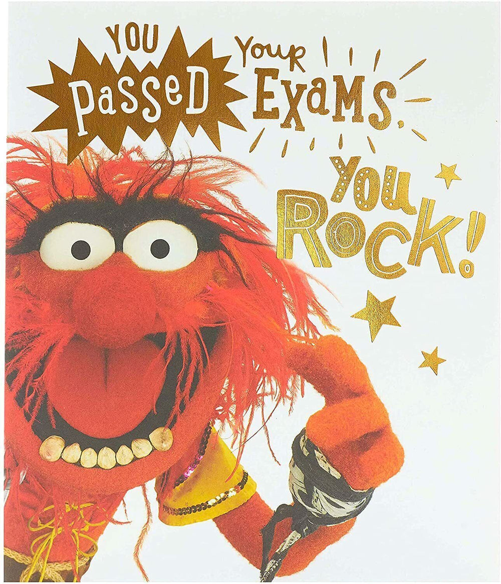 UK Greetings Disney's Muppets congratulations card for passing exams, featuring colorful Muppets characters on the front.