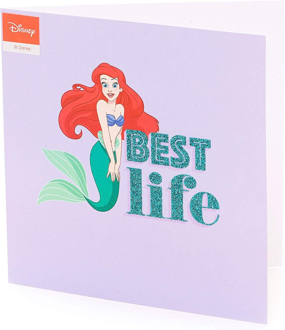 UK Greetings Disney Princess Best Life greeting card featuring colorful princess illustrations on a festive background.