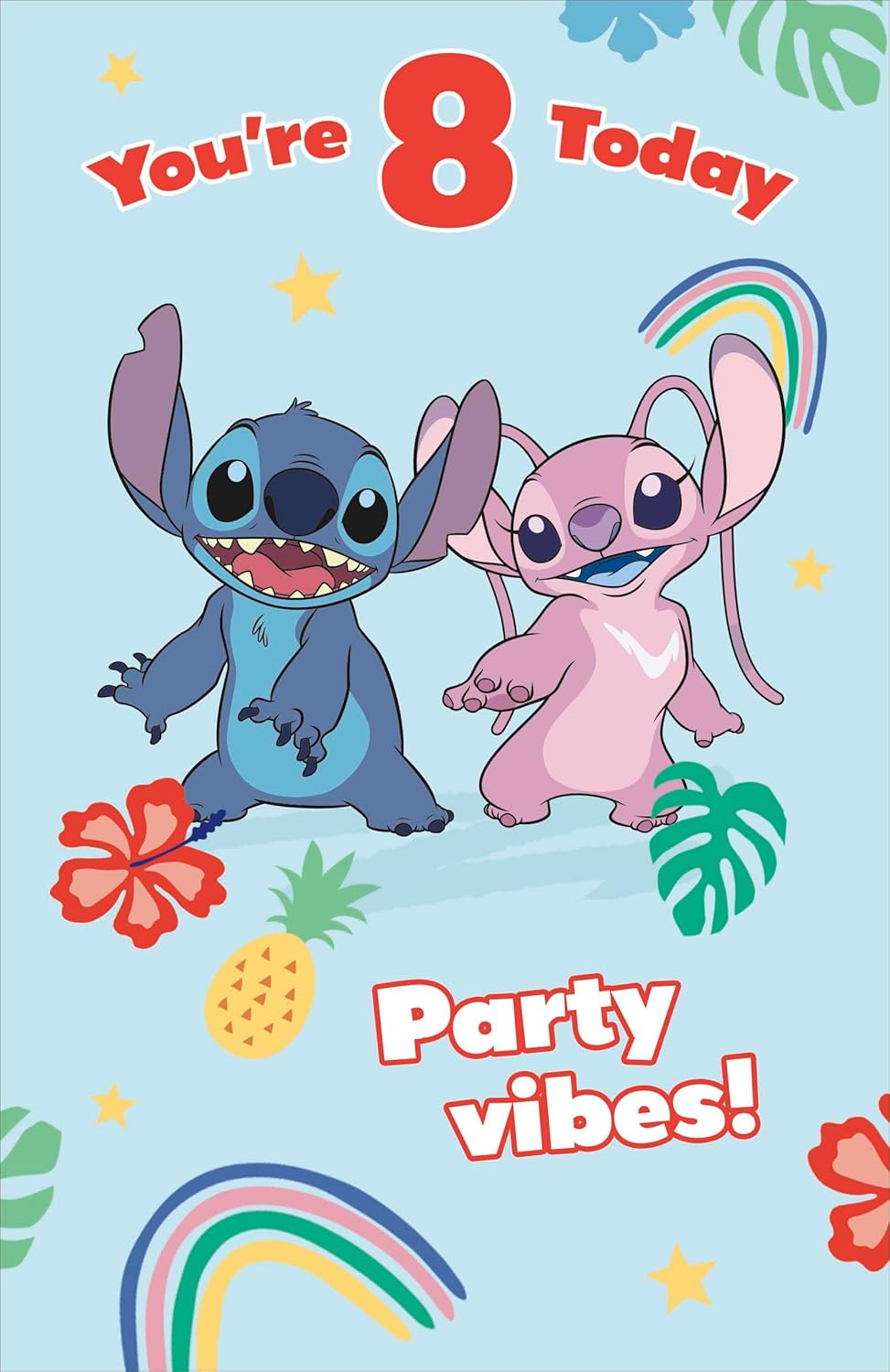 UK Greetings Disney Stitch girl 8th birthday card featuring Stitch with colorful birthday decorations and cheerful design.