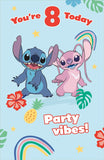 UK Greetings Disney Stitch girl 8th birthday card featuring Stitch with colorful birthday decorations and cheerful design.
