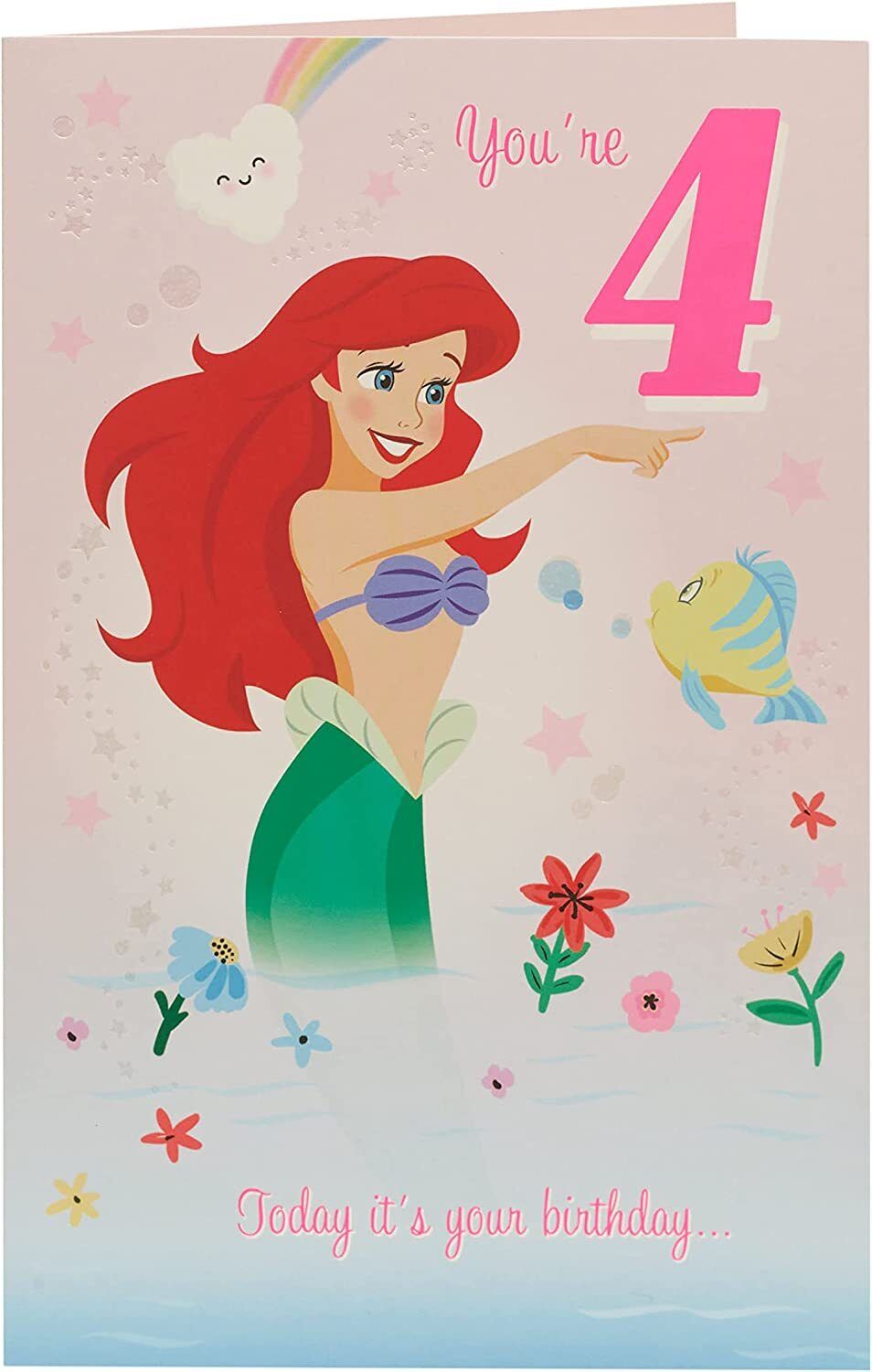 UK Greetings Disney Little Mermaid Ariel 4th birthday greeting card featuring Ariel and underwater scene from the animated film.