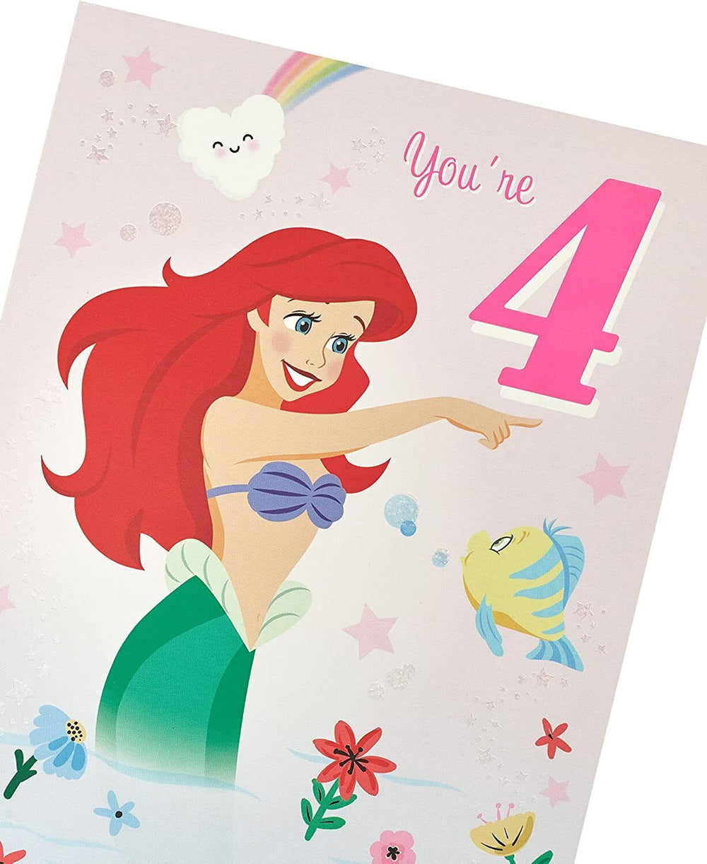 UK Greetings Disney Little Mermaid Ariel 4th birthday greeting card featuring Ariel and underwater scene, ideal for children's celebrations.