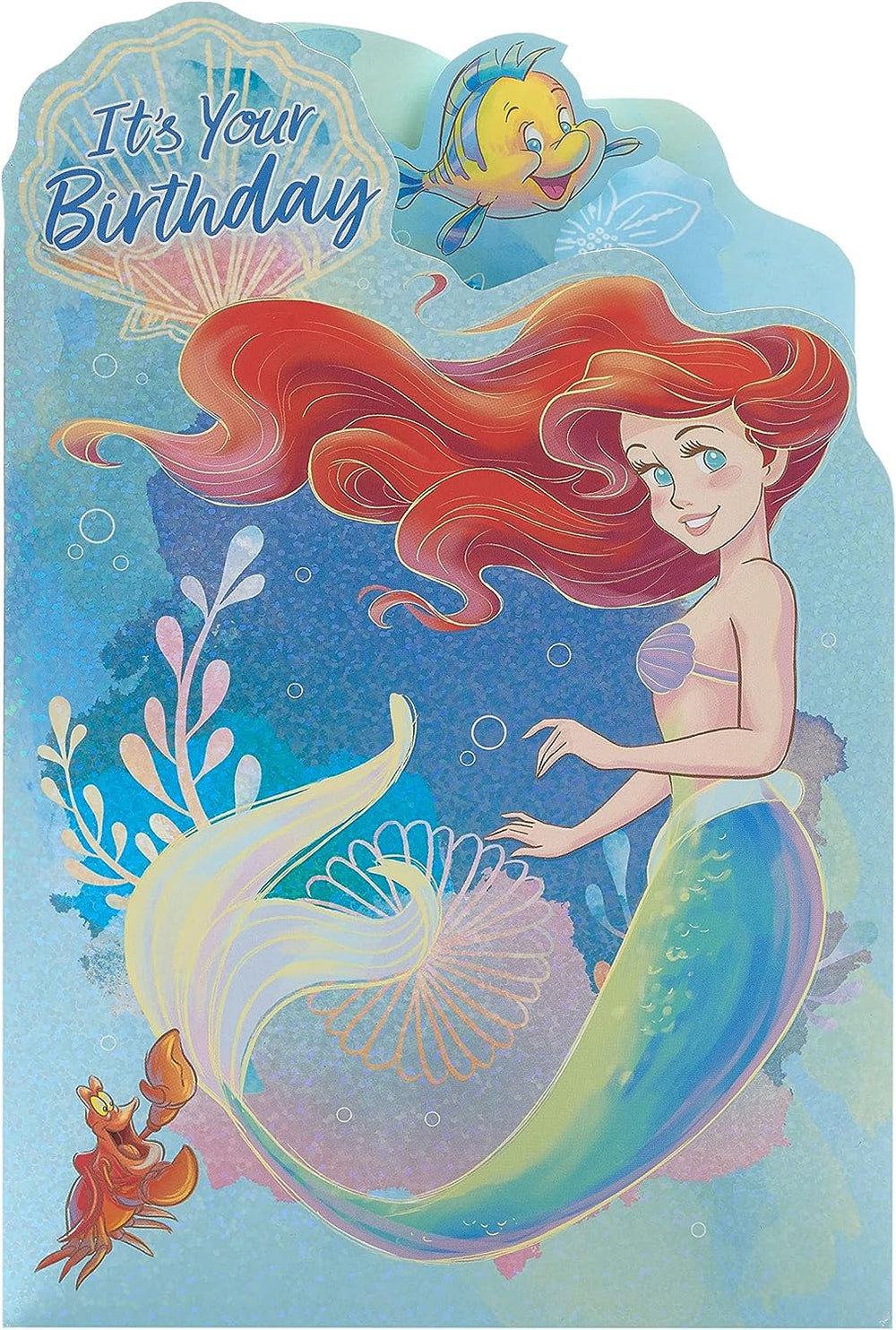 UK Greetings Disney The Little Mermaid Ariel birthday card featuring colorful illustration of Ariel in vibrant underwater scene