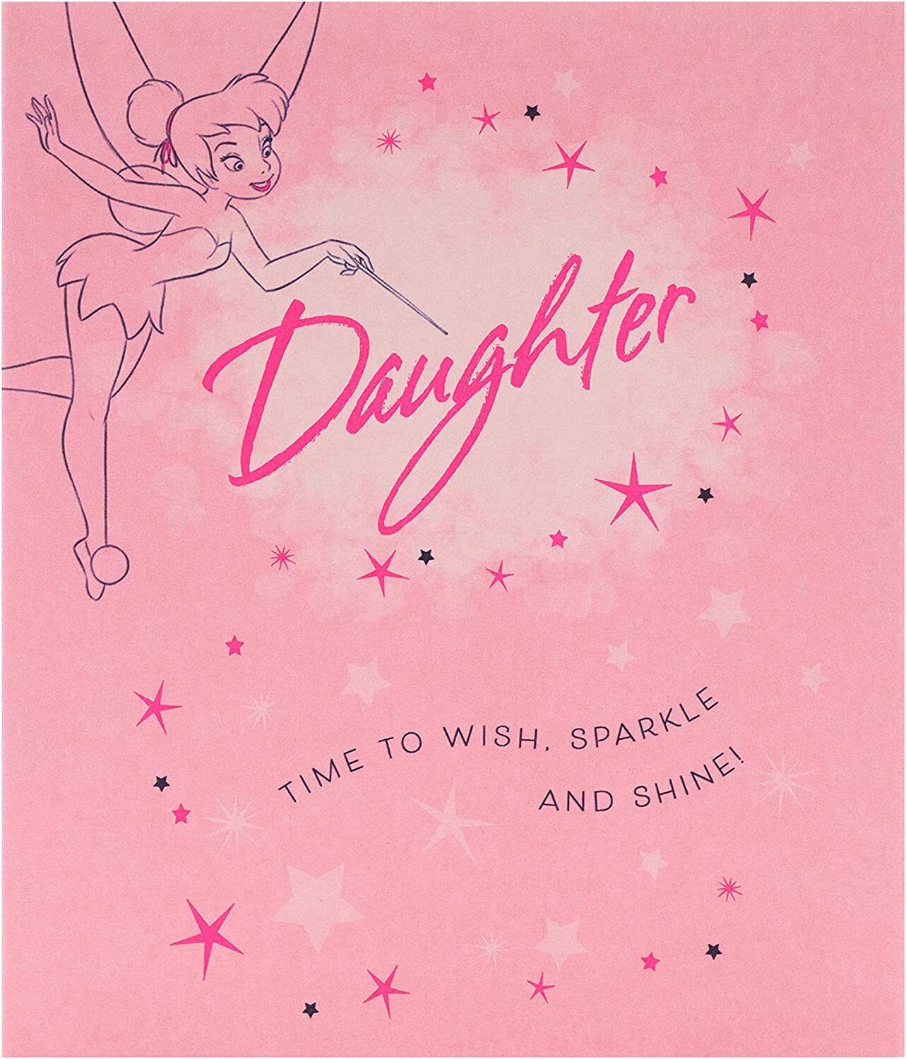 UK Greetings Disney Tinker Bell daughter birthday card featuring Tinker Bell illustration on a colorful greeting card.