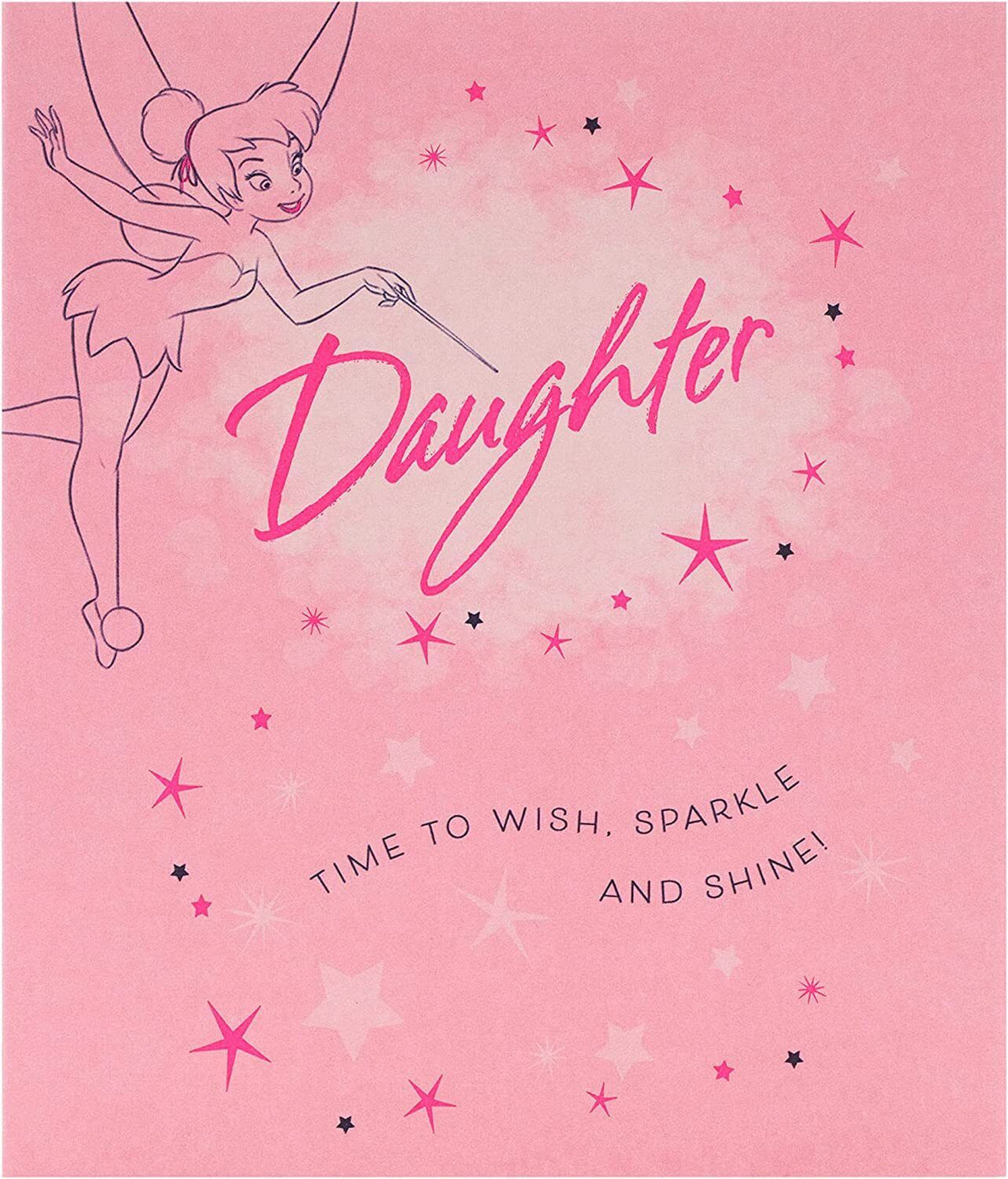 UK Greetings Disney Tinker Bell daughter birthday card featuring Tinker Bell illustration on a colorful greeting card.