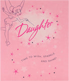 UK Greetings Disney Tinker Bell daughter birthday card featuring Tinker Bell illustration on a colorful greeting card.