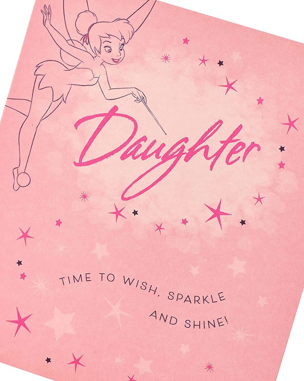 UK Greetings Disney Tinker Bell Daughter birthday card featuring Tinker Bell illustration on a colorful greeting card.