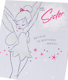 Disney Tinkerbell sister birthday greeting card by UK Greetings featuring colorful Tinkerbell illustration and festive design.