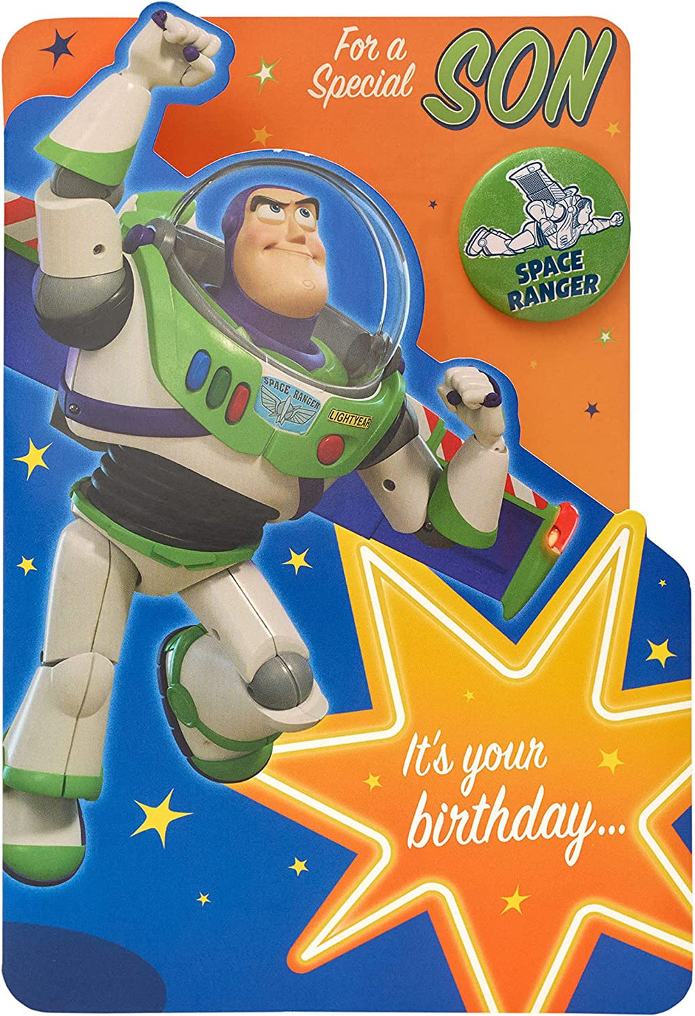 Disney Toy Story Buzz Lightyear birthday greeting card for son by UK Greetings, featuring a badge and colorful Toy Story design.