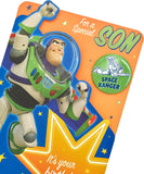 Disney Toy Story Buzz Lightyear birthday greeting card for son with badge, featuring Buzz Lightyear from UK Greetings.
